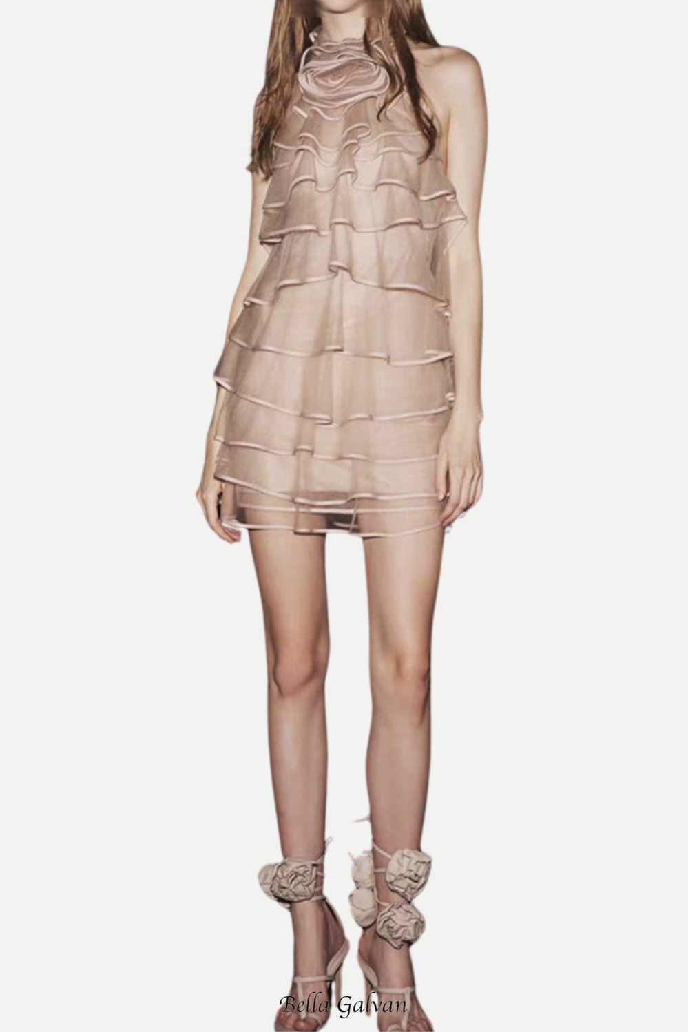 Chiffon Sleeveless Ruffle Mini Dress in khaki Flowering Girl
