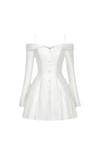 off-shoulder pleated trim mini dress in white Flowering Girl