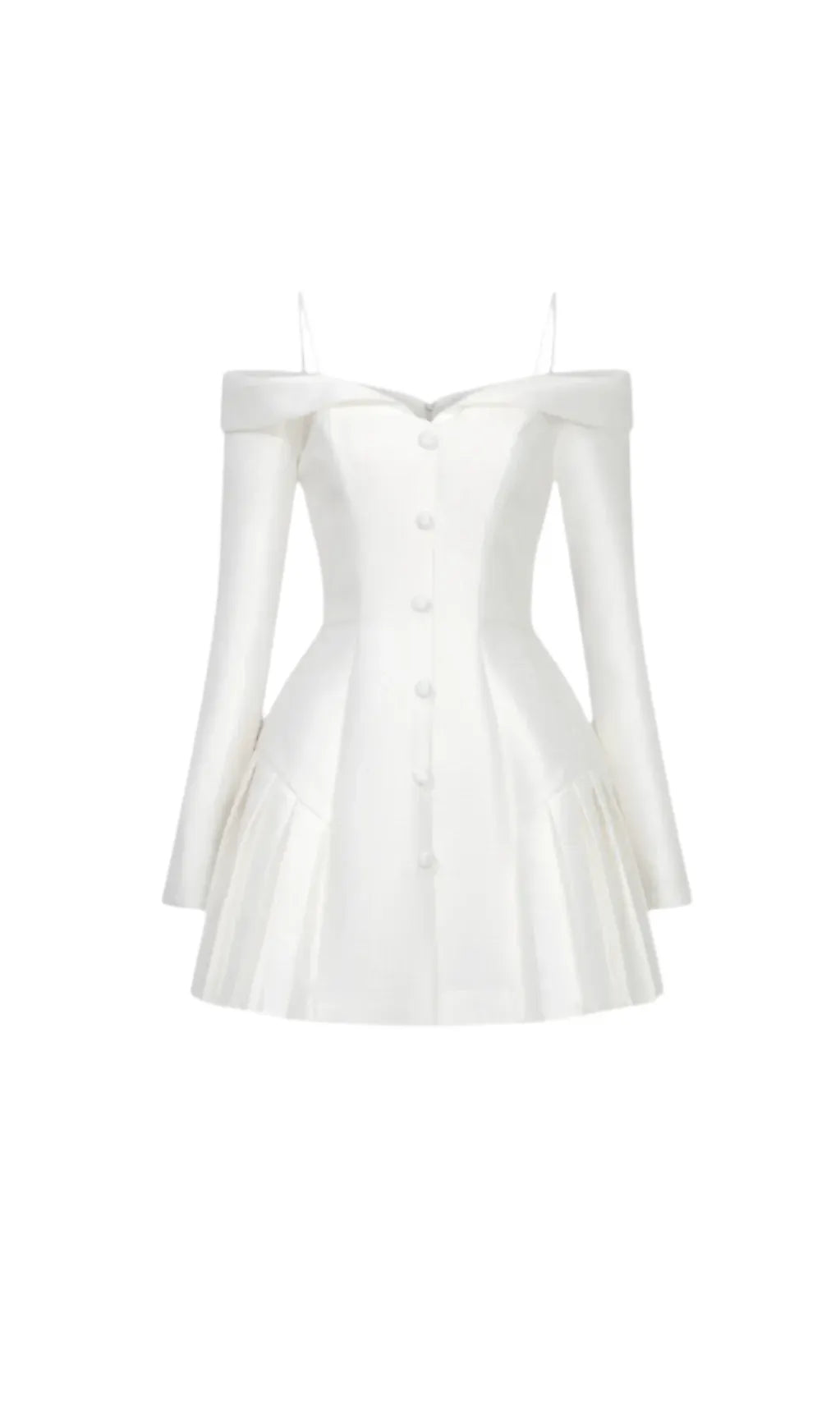 off-shoulder pleated trim mini dress in white Flowering Girl