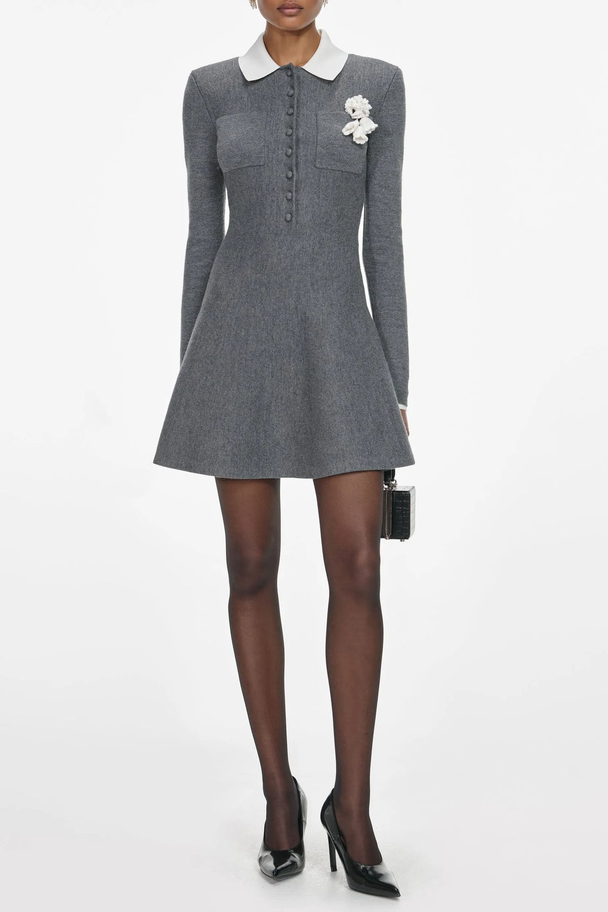 Winni Grey Crochet Flower Collared Knit Mini Dress Flowering Girl