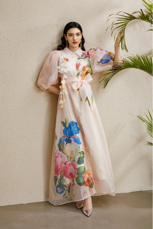 Single-Breasted Floral Printed Puff Sleeve Maxi Dress In Apricot Flowering Girl