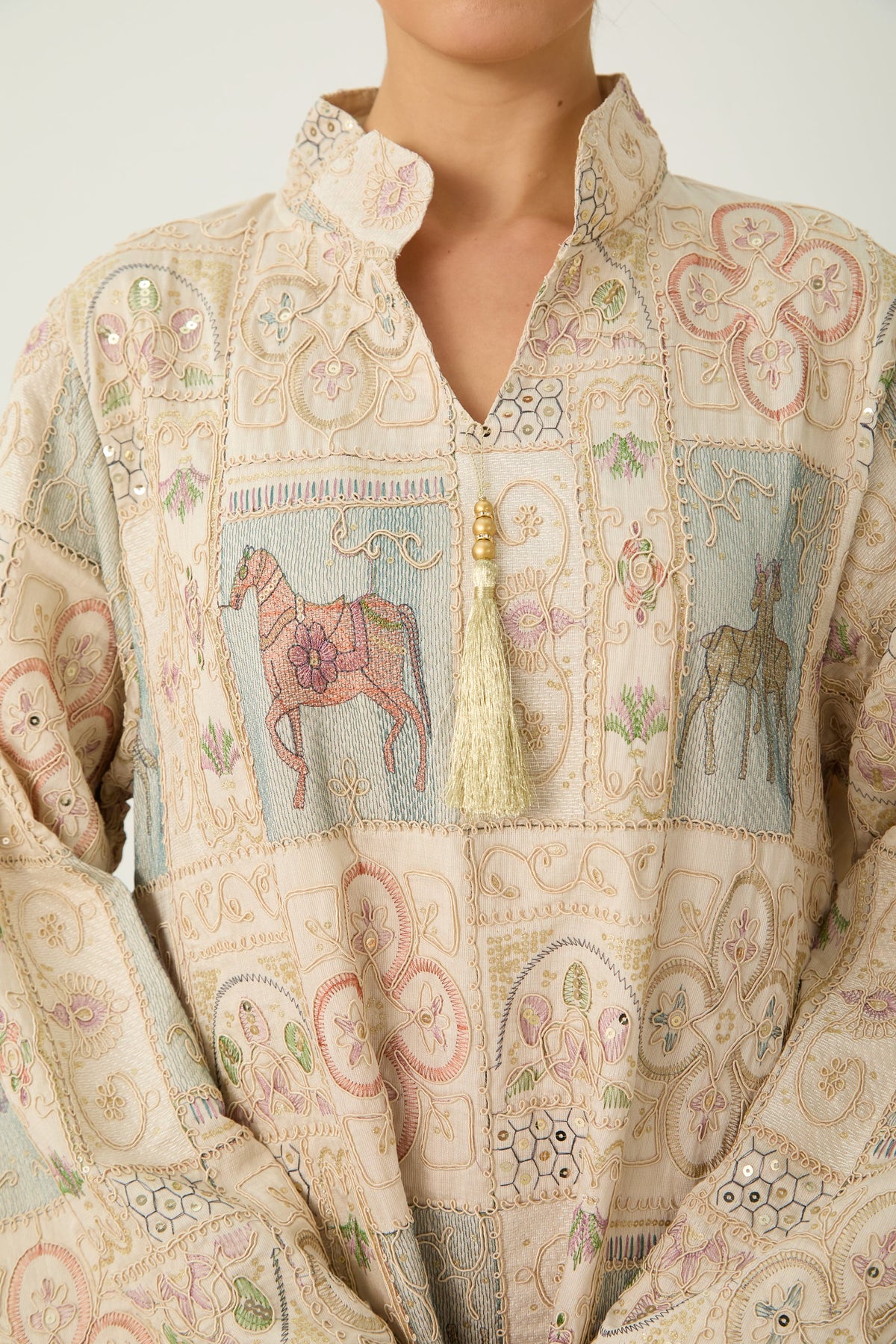 Cream Horse Patchwork Print Stand Collar Bell Sleeve Long Kaftan Dress Flowering Girl