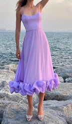 Suspender A-Line Midi Dress In Purple Flowering Girl
