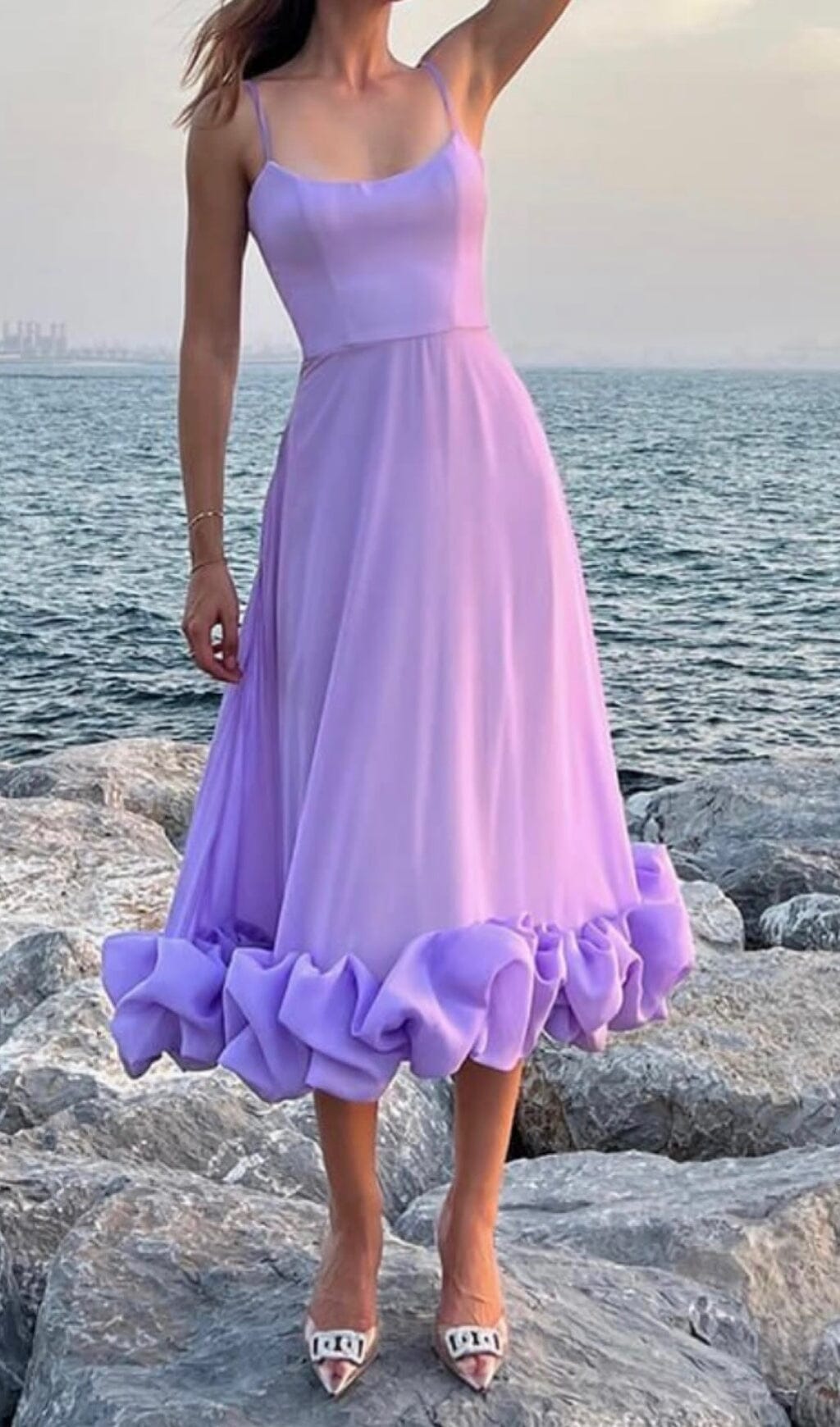 Suspender A-Line Midi Dress In Purple Flowering Girl