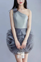 One Shoulder Mesh Mini Dress In Grey Flowering Girl