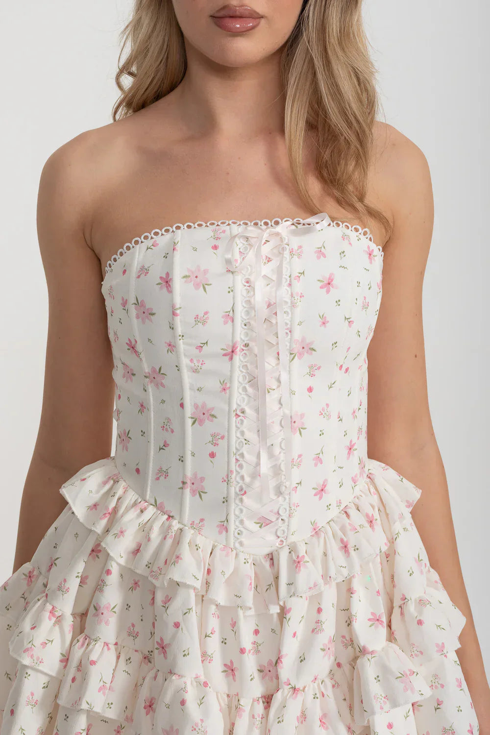 Martha Ruffle Printed Strapless Mini Dress In Pink Flowering Girl