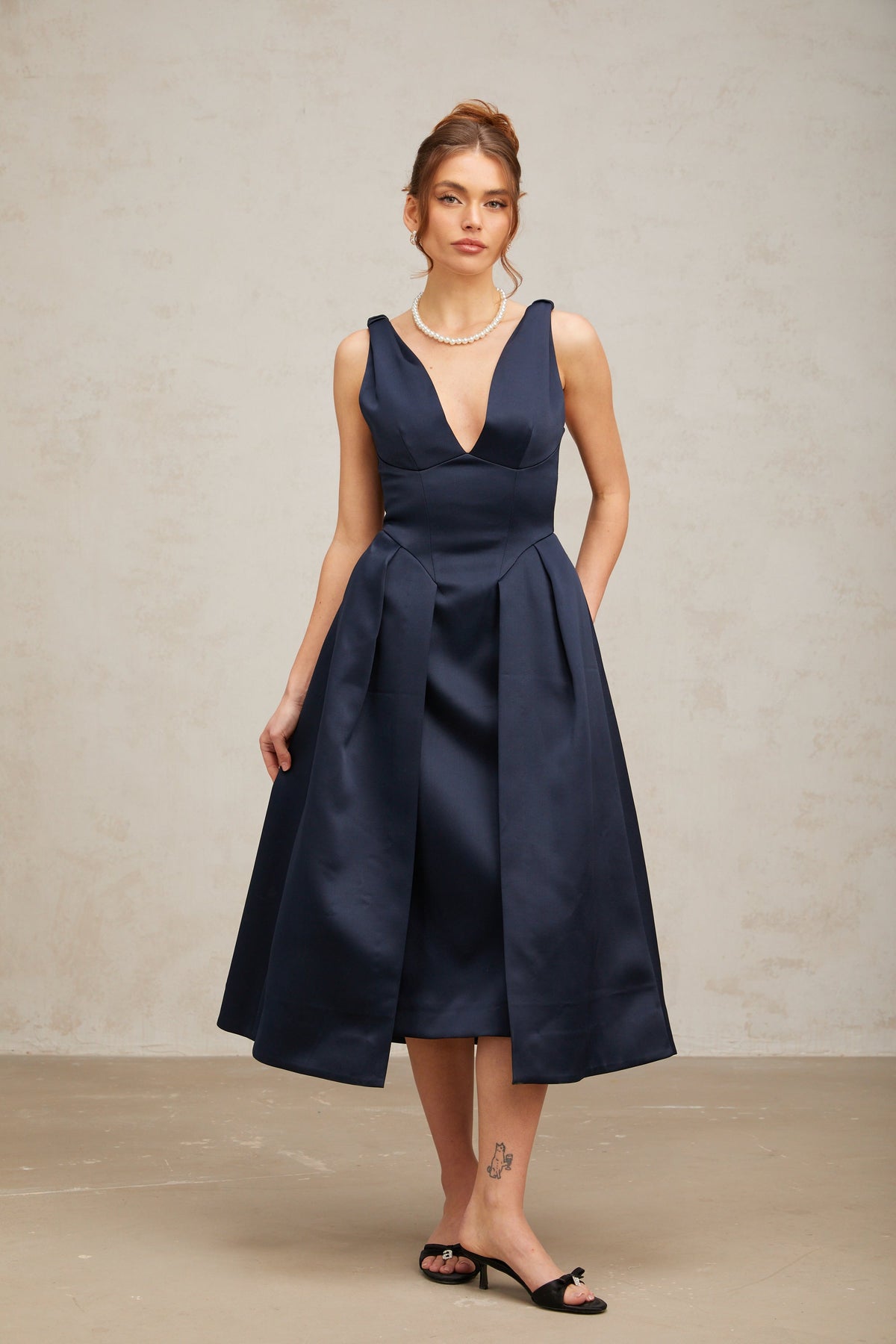 Chantale blue twist-detail satin midi dress Flowering Girl