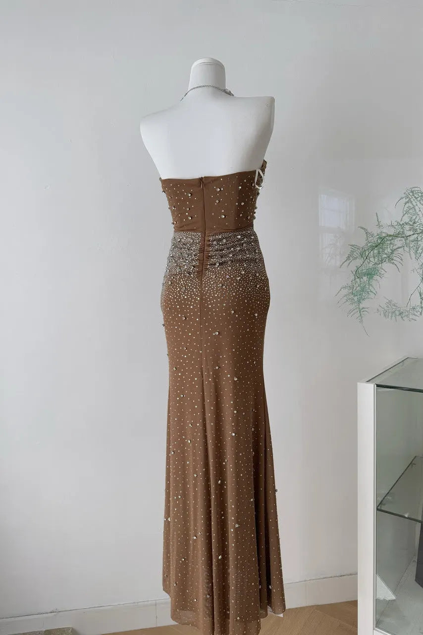 Brown Mesh Fitted Column Gown with Crystal Embellishments Flowering Girl