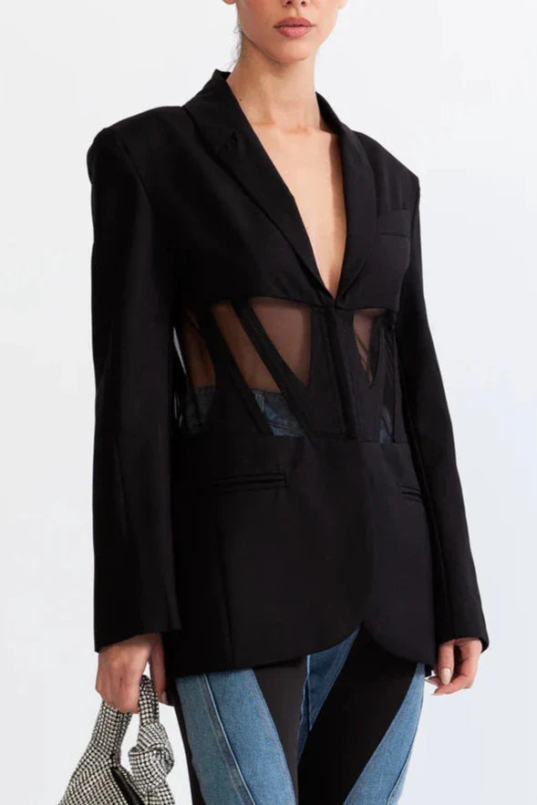 Patchwork Blazer In Black Flowering Girl