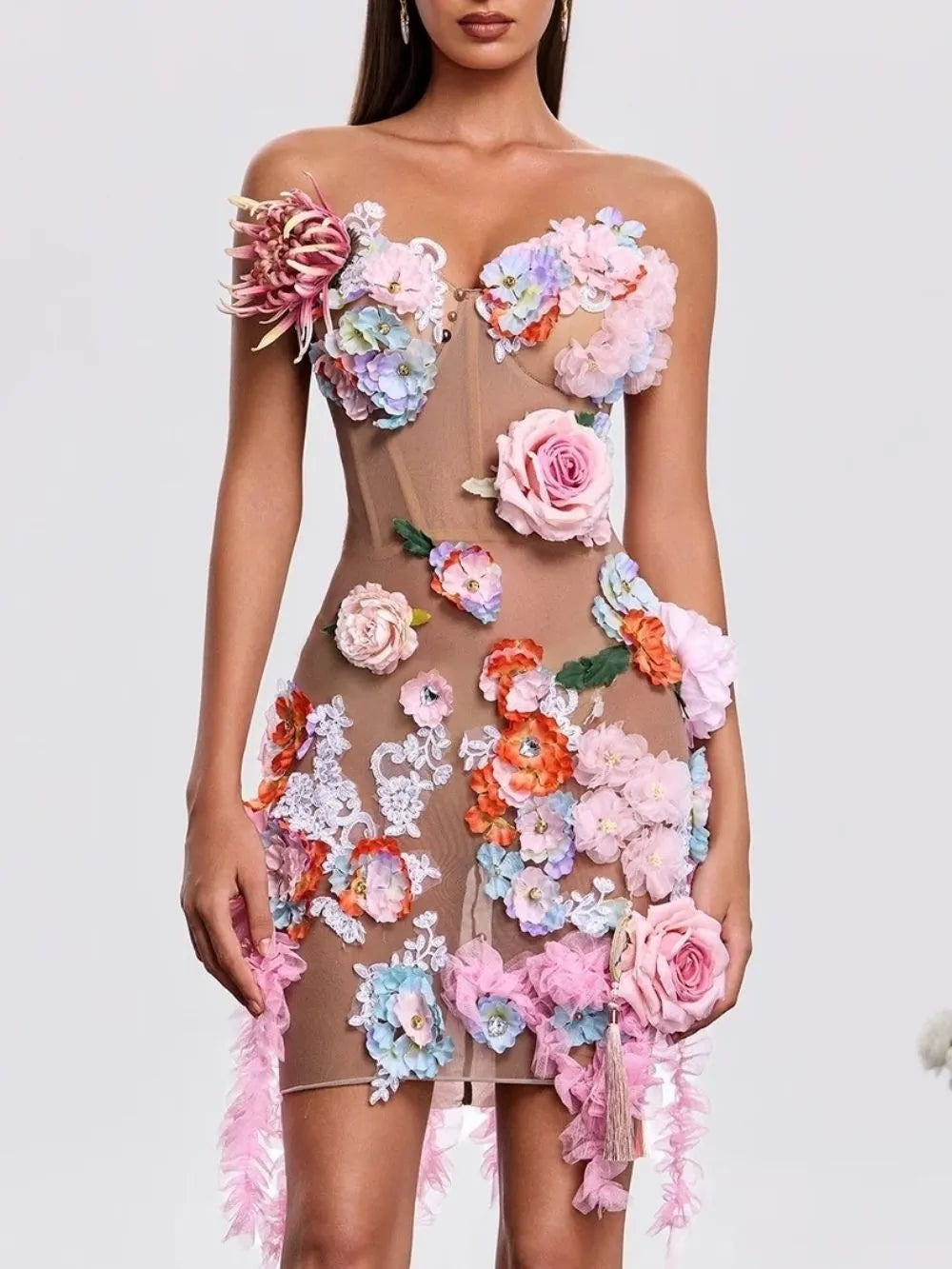 Jaldex Strapless Flower Mini Dress In Nude Flowering Girl