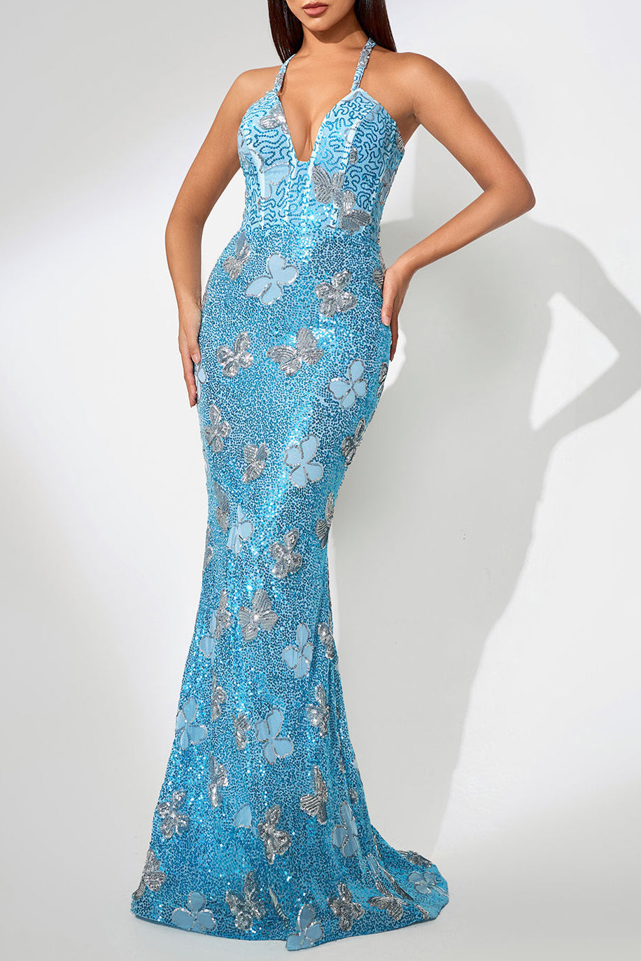 Jennifer Sequin Butterflies Embellished Maxi Dress In Blue Flowering Girl