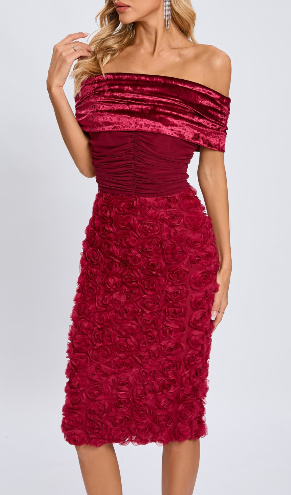Colletta Red Off-Shoulder Ruched Flower Midi Dress Flowering Girl