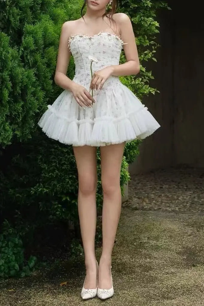 Irene Floral Print Strapless Tulle Mini Dress In White Flowering Girl