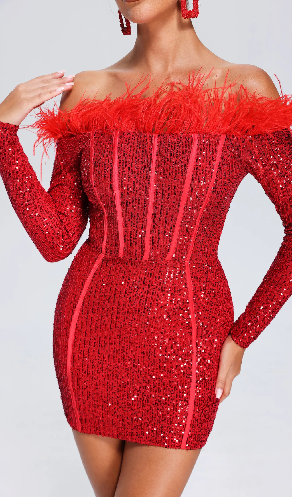 Red Long Sleeve Feathers Sequin Dress Flowering Girl