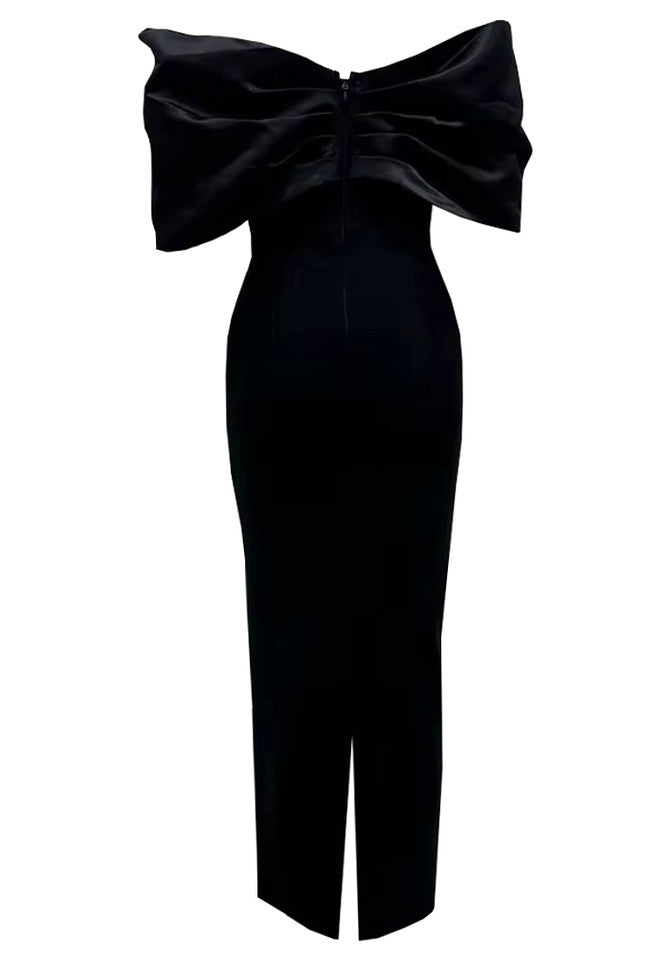 draped bardot crystal detail maxi dress in black Flowering Girl