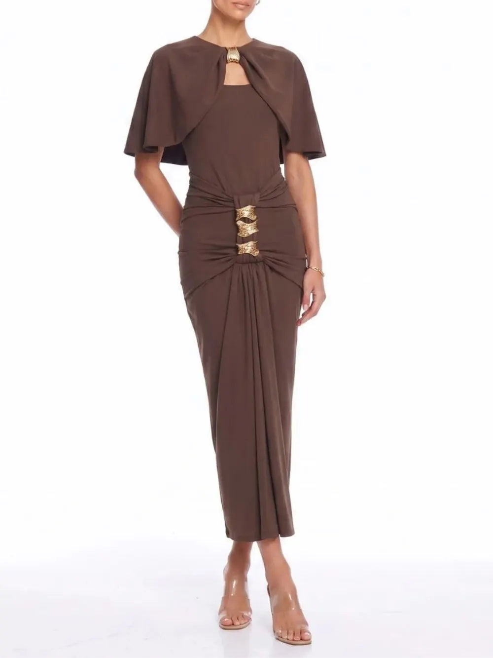 Lyvoria Cape Ruched Maxi Dress Flowering Girl