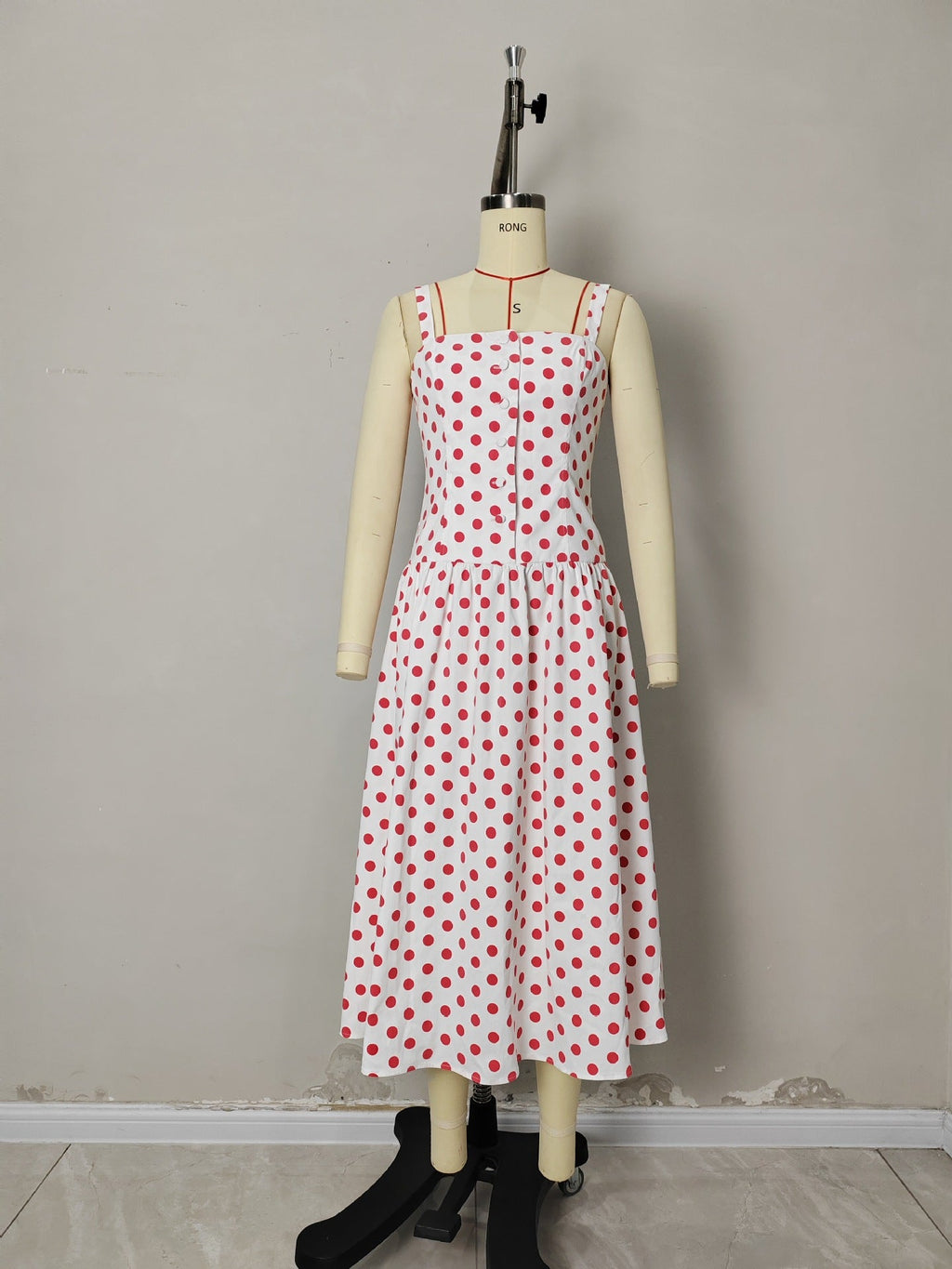 Cream Red Polka Dot Square Strap Button Front Flared Midi Dress Flowering Girl