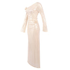 One-Shoulder Flower Embellished Sequin Maxi Dress In Apricot Flowering Girl