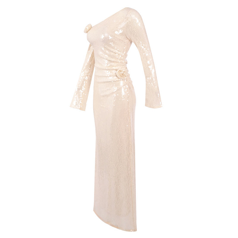 One-Shoulder Flower Embellished Sequin Maxi Dress In Apricot Flowering Girl
