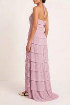 Halter Layered Pleated Maxi Dress Flowering Girl