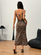 Leopard Print Halter Backless Maxi Dress Flowering Girl