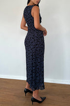 Gabriela Midi Dress In Flocked Petal Navy Flowering Girl