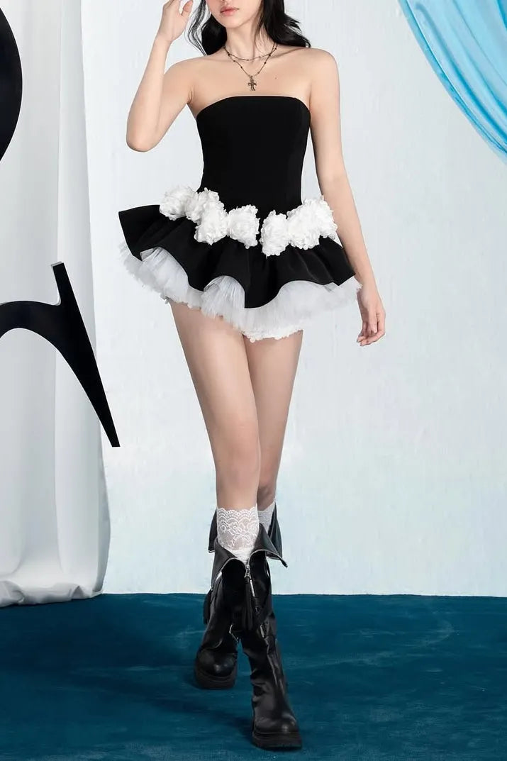 Erica Floral Patchwork Strapless Top Skirt Set In Black Flowering Girl