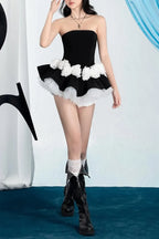 Erica Floral Patchwork Strapless Top Skirt Set In Black Flowering Girl