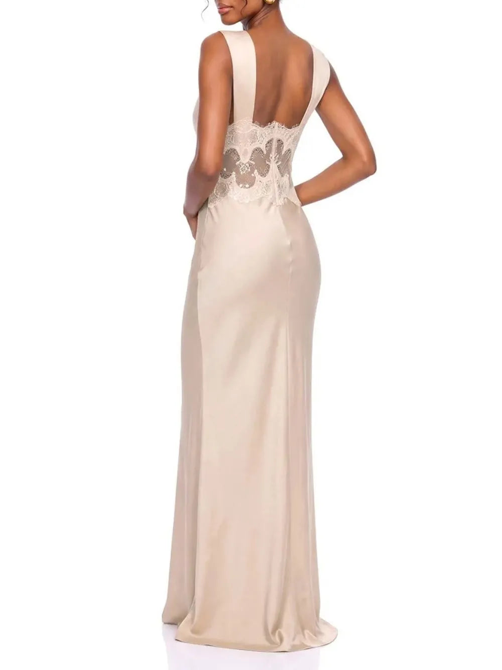 Amelqis V Neck Lace Satin Maxi Dress Flowering Girl