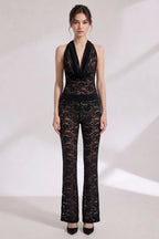 Black Sheer Floral Lace Cowl Halter Jumpsuit Flowering Girl