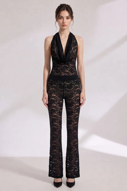 Black Sheer Floral Lace Cowl Halter Jumpsuit Flowering Girl