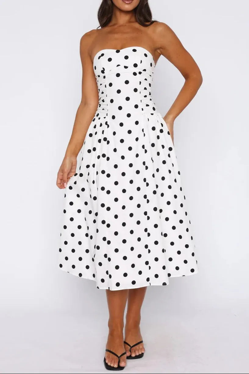 Sandra Polka Dot Strapless Midi Dress In White Flowering Girl