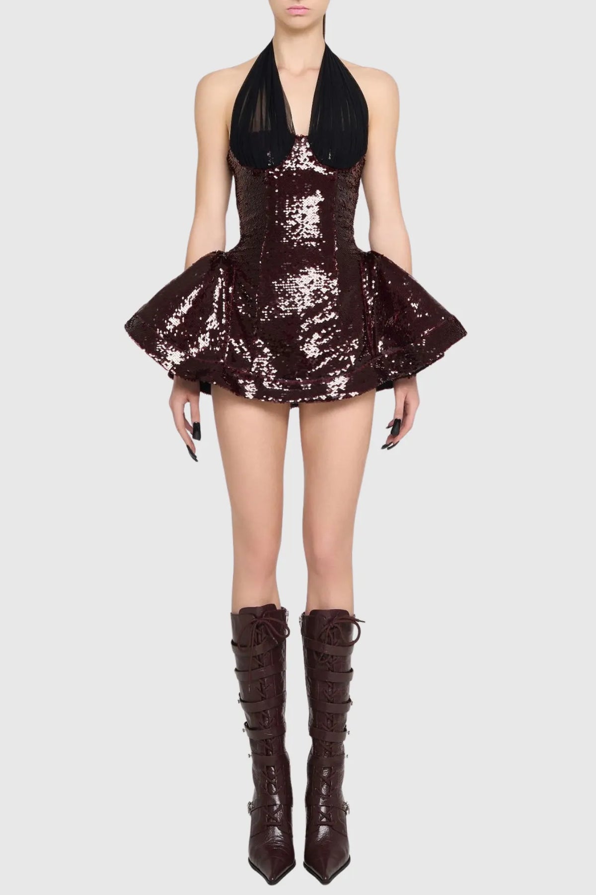 Giselle Sequin Halter Mini Dress In Merlot Flowering Girl