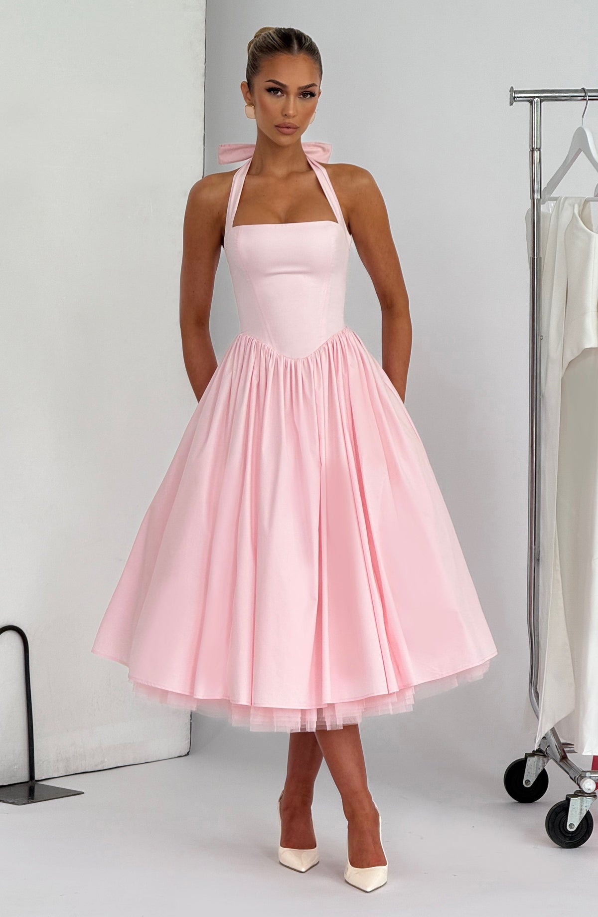 Cressida Backless Puffy Midi Dress - Blush Flowering Girl
