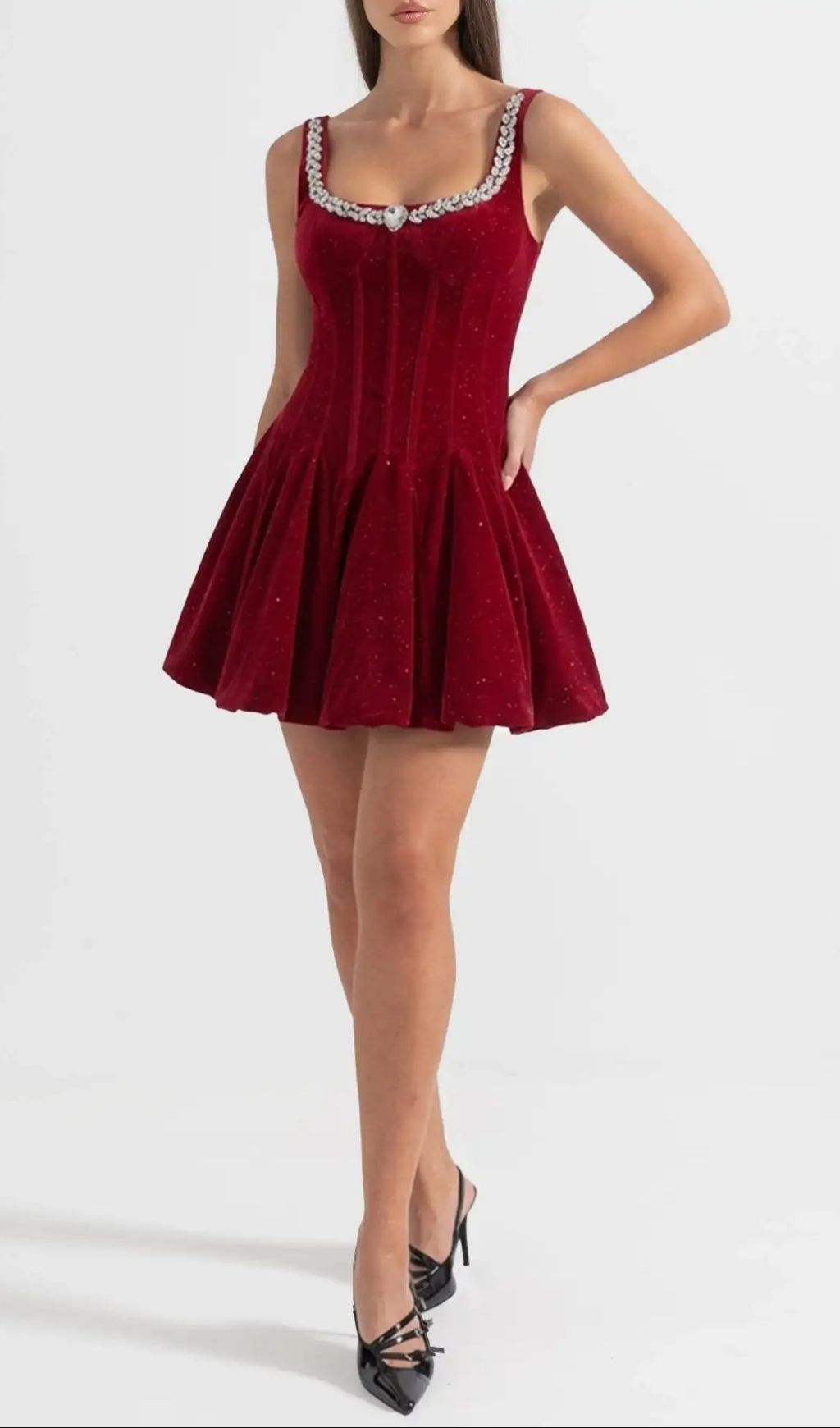 Vivien Burgundy Velvet Corset Mini Dress With Crystal-Embellished Neckline Flowering Girl