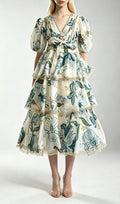 Kirsten Blue Printed Puff Sleeve Midi Dress Flowering Girl