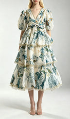 Kirsten Blue Printed Puff Sleeve Midi Dress Flowering Girl
