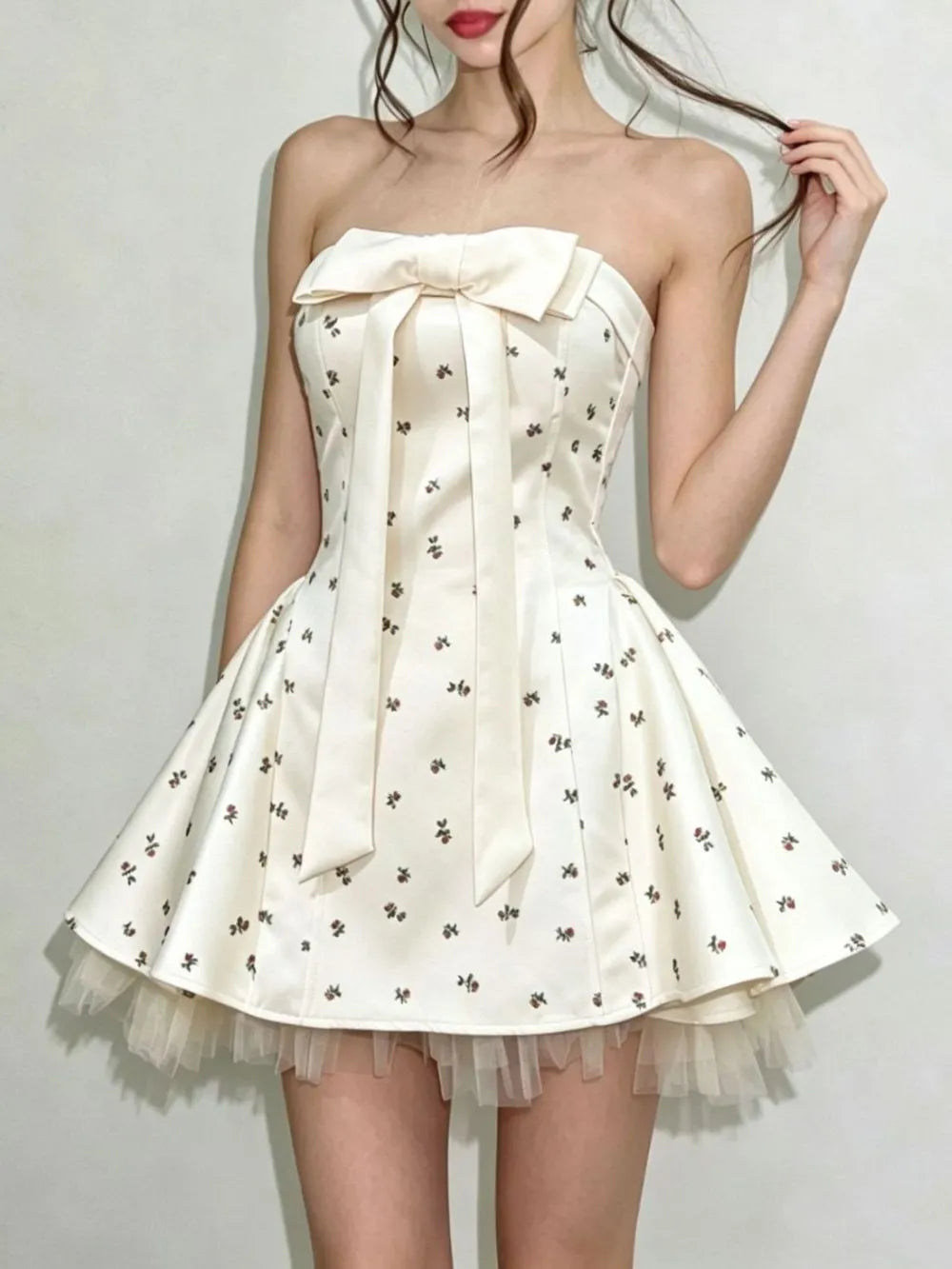 Iola Strapless Bowknot Floral Mini Dress Flowering Girl