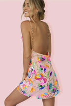 Fanny Embroidered Sequins Backless Mini Dress Flowering Girl