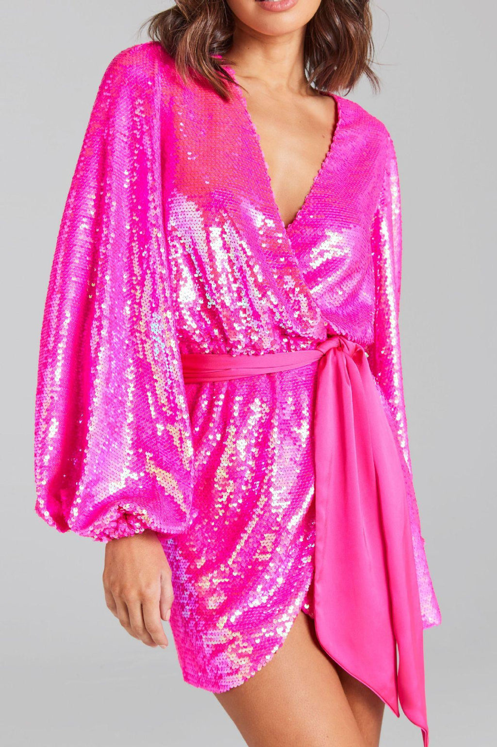 Irregular Sequin Slit Mini Dress In Rose Red Flowering Girl