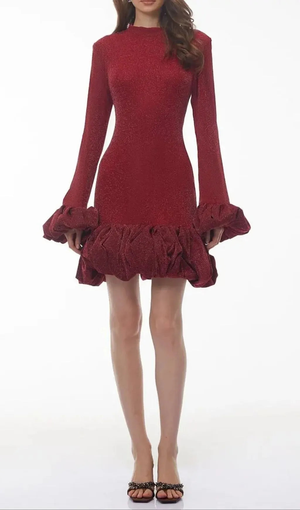 Tabitha Long Sleeve Midi Dress With Ruffled Trim - Burgundy Flowering Girl