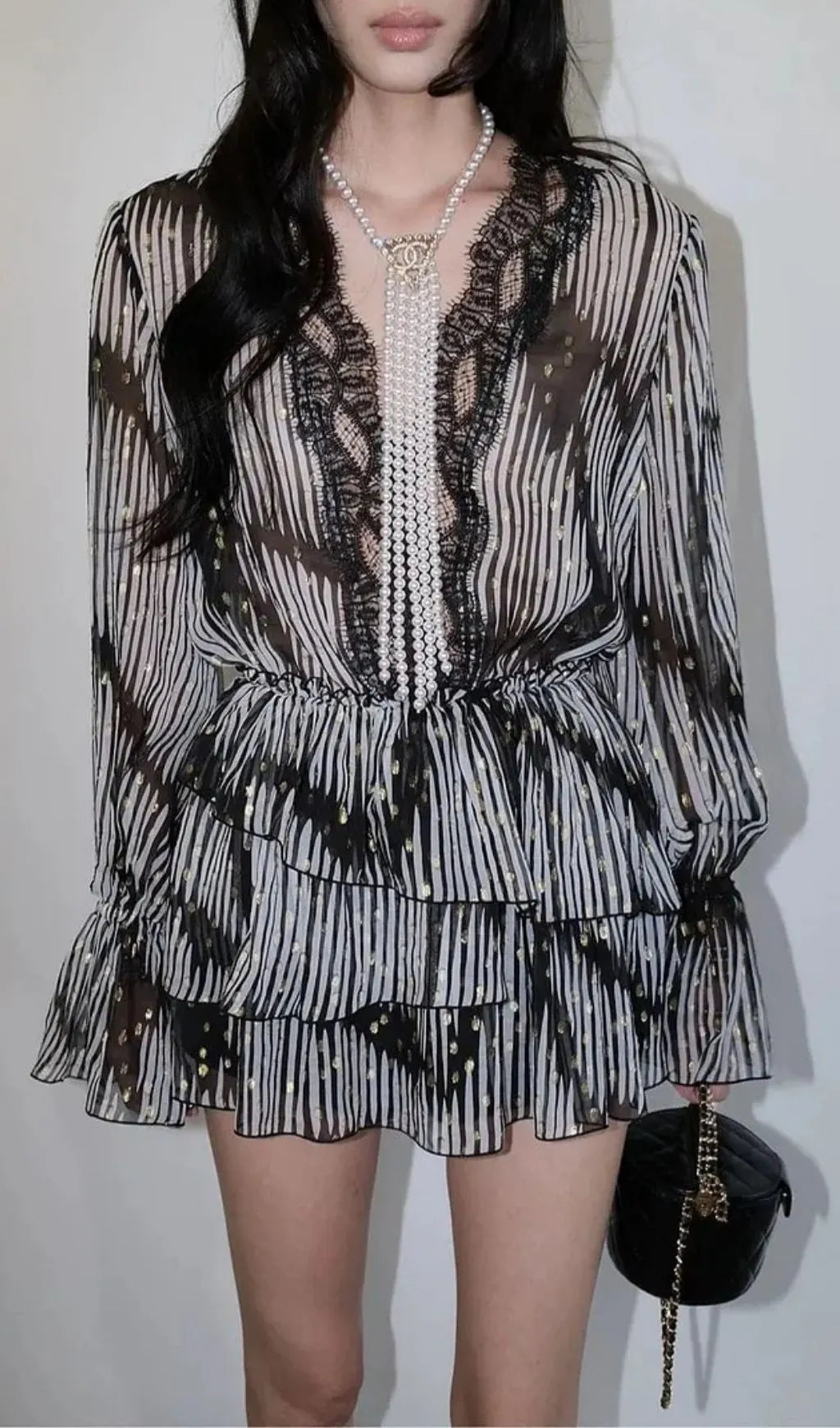 Georgia Lace V-Neck Printed Gold Leather Jacquard Mini Shirt Dress - Black Flowering Girl