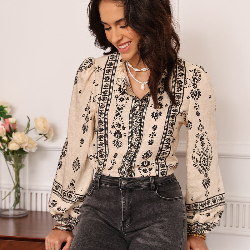 Bohemian Print Shir Stand-Up Collar Fungus Edge Flowering Girl