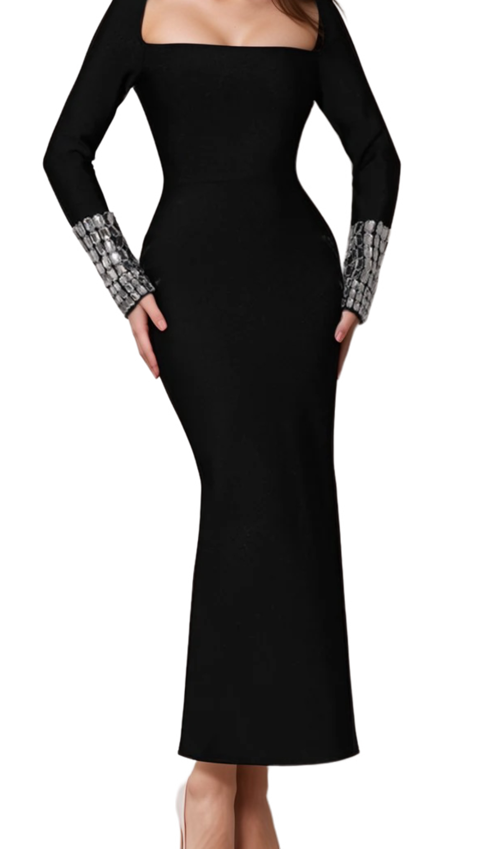 breenda square neck diamond tight bandage maxi dress in black Flowering Girl