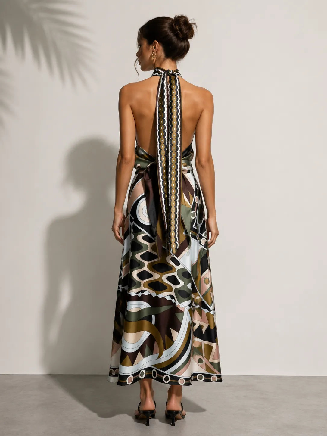 Halter Retro Geo Print Satin Crop Top & Asymmetric Midi Skirt Co-ord Set Flowering Girl