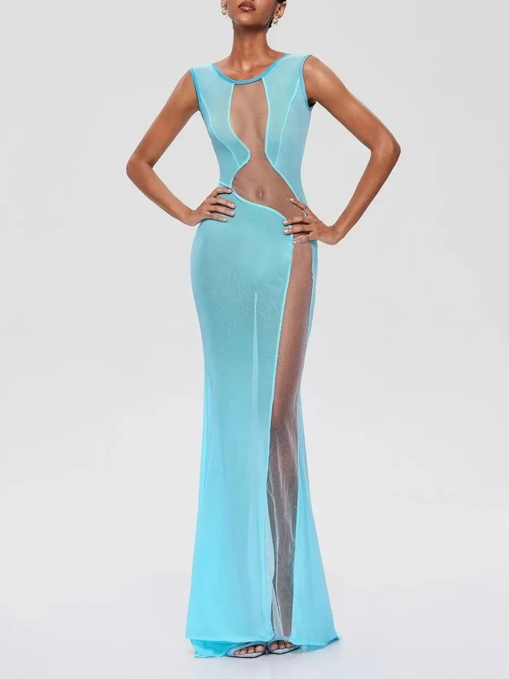 Furaira Sleeveless See Through Maxi Dress In Sky Blue Flowering Girl