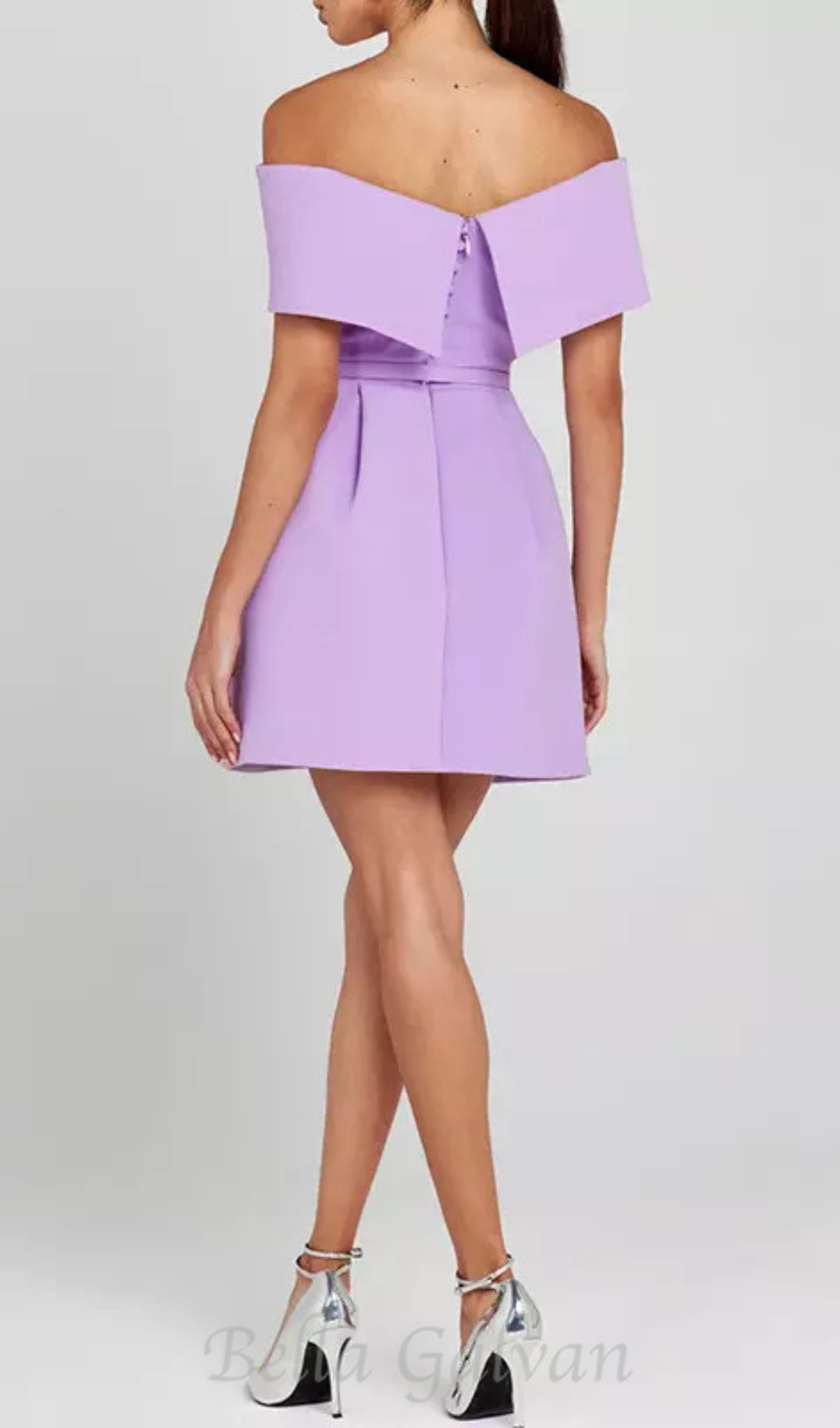 belted off-shoulder a-line mini dress in purple Flowering Girl