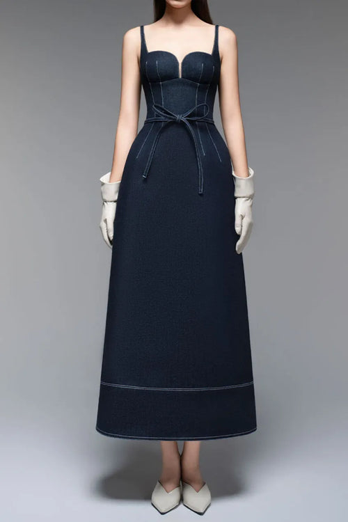 A-Line Sleeveless Denim Midi Dress In Blue Flowering Girl