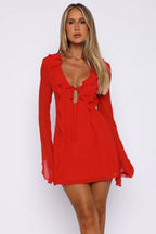 Ruffled Tie Deep V Chiffon mini Dress in red Flowering Girl