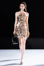 Tammy Halter Sleeveless Sequin Mini Dress In Gold Flowering Girl